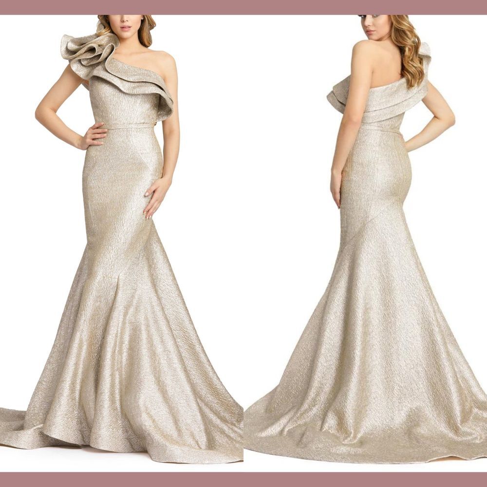 NWT $598 Mac Duggal‎ [ 2 ] 67284 One Shoulder Ruffled Trumpet Gown Oyster #J208